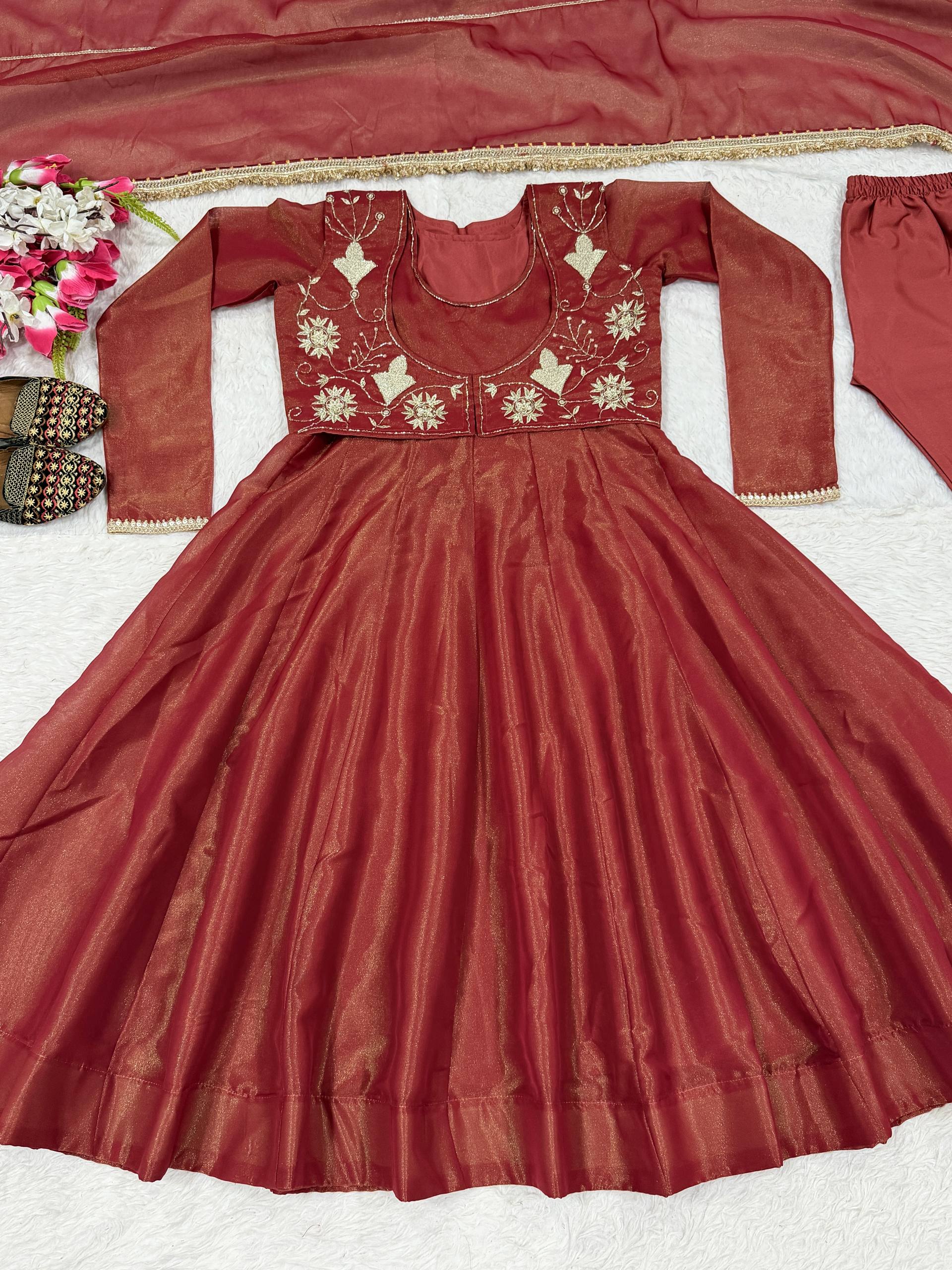Regal Terracotta Zari-Bodice Anarkali Set